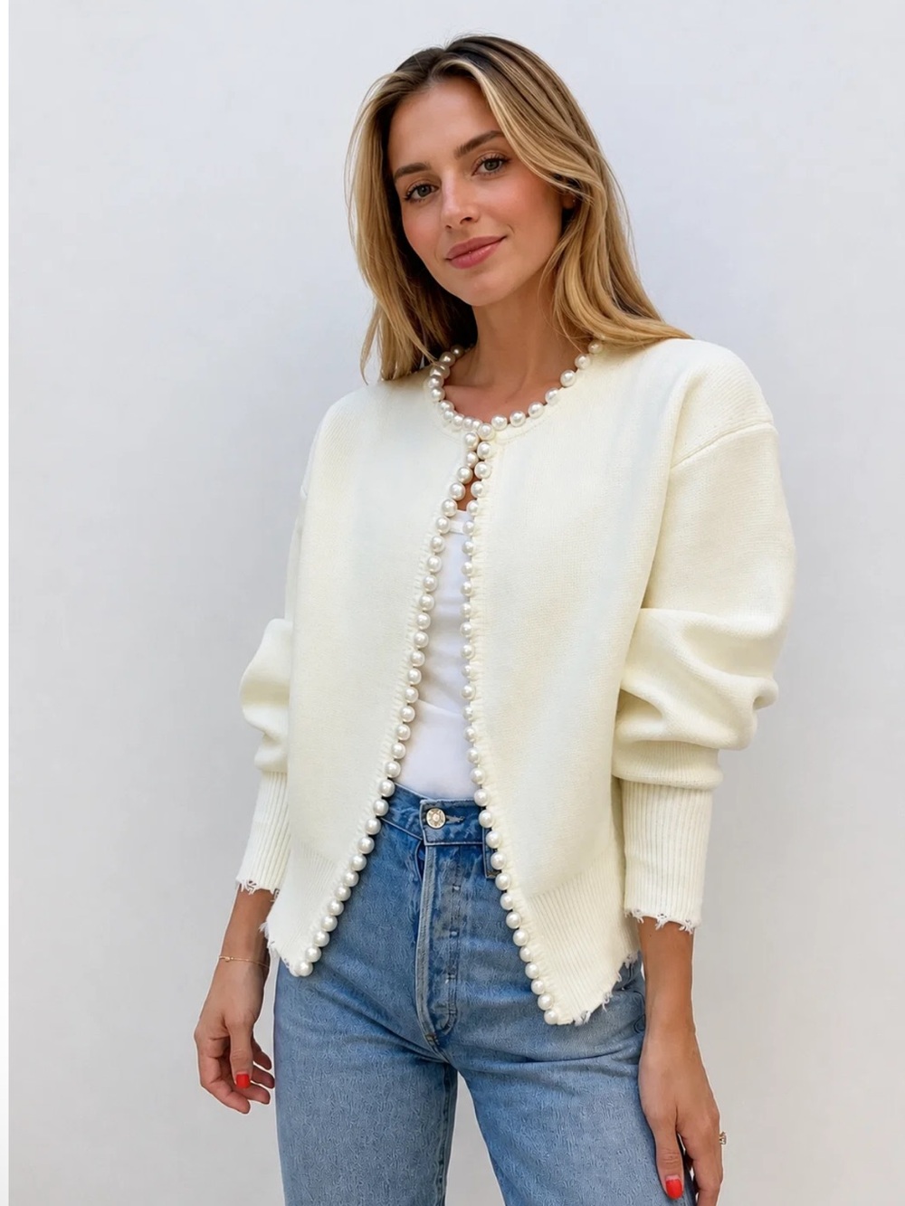 Commense Women's Cream Pearl-Trim Knit Cardigan Sweater Small - Picture 11 of 11